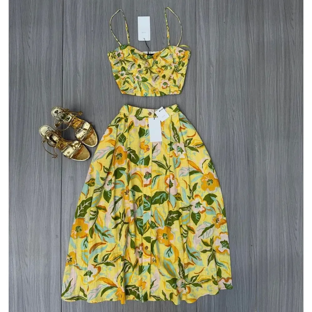 Zara Floral Co Ord Set Corset Top Midi Skirt Linen Blend Vacation Outfit NWT - Picture 16 of 16